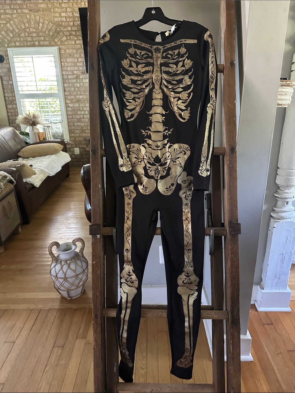 H&M ONE PIECE BODYSUIT HALLOWEEN BLACK & GOLD SKELETON FLORAL SMALL